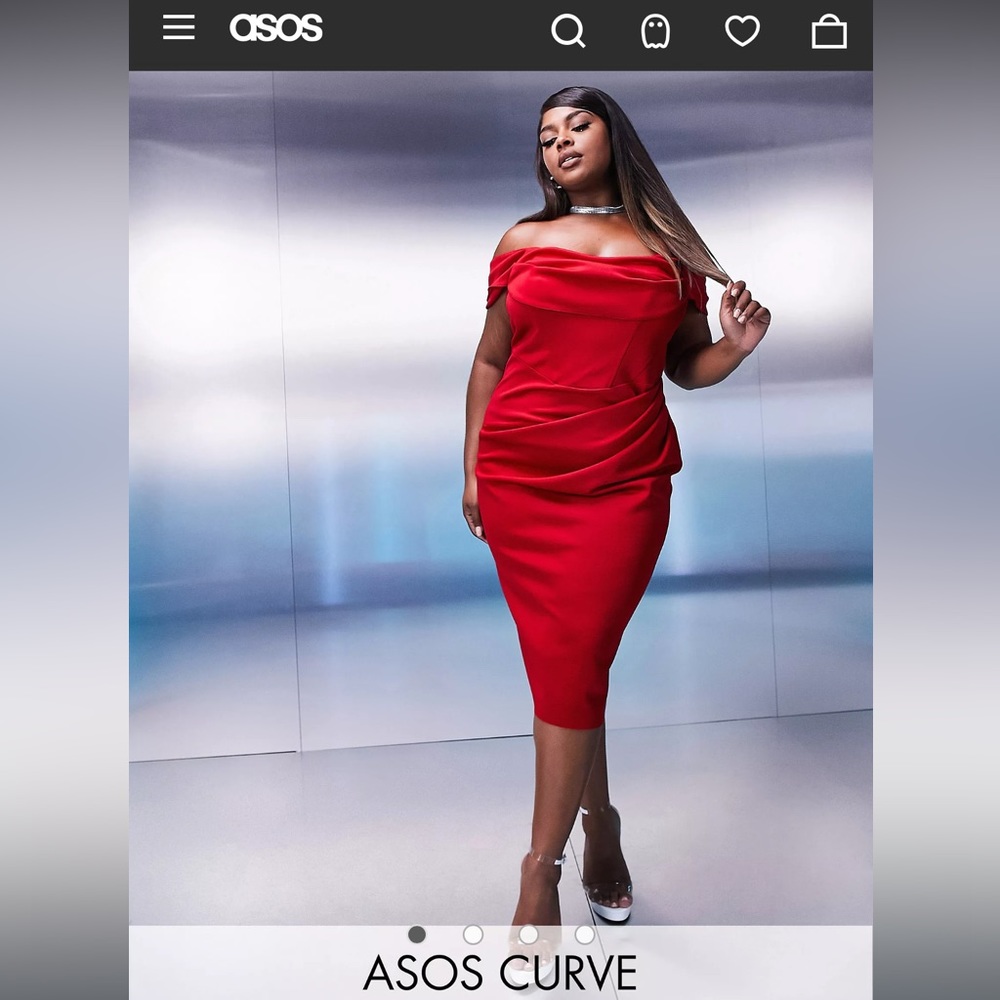 ASOS DESIGN Curve drape bardot corset pencil midi dress in red